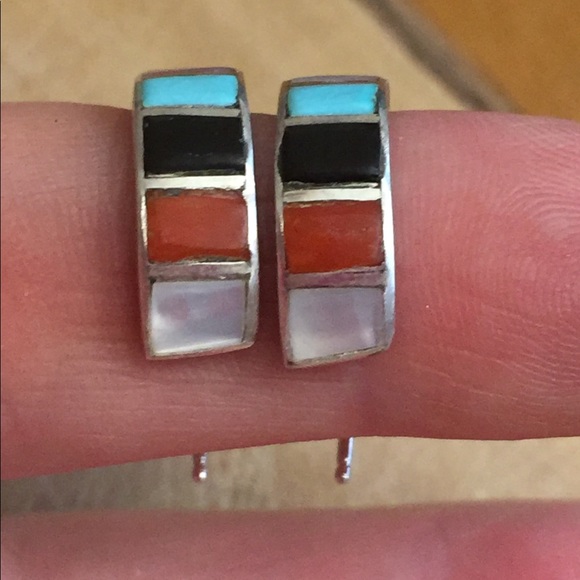 Beautiful silver earrings with inlay - Turquoise, coral, onyx, MOP - Picture 2 of 7